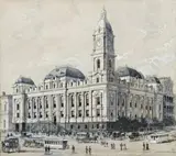 Melbourne Town Hall by Albert Charles Cooke, c.1970-74, pencil, ink and gouache on paper, sold Nov 2009