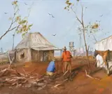 Yarning By The Wood-Heap by Hugh Sawrey, oil on canvas, sold Nov 2009