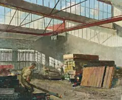 Factory Workers (The Old Quarry, Verso) by Harald Vike, c.1950, oil on canvas, sold Nov 2009