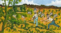 The Goanna Hunters by Sam Byrne, oil on composition board, sold Nov 2009