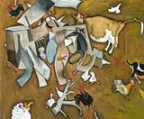 Farm Construction With Rosie Peeing by William Robinson, c.1984, oil on canvas, sold Aug 2011