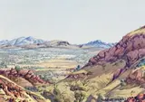 Macdonnell Ranges,Central Australia by Albert Namatjira, c.1950, watercolour on paper, sold Aug 2011