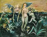 Adam And Eve With Garlic Plant by John Perceval, 1952-55, tempera and resin with enamels on composition board, offered Apr 2010
