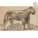Panthère noire et ses petits, vers 1925 Dessin by Paul Jouve, Crayon et estompe sur papier marouflé sur carton, sold Dec 2023