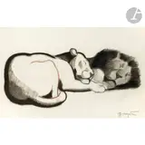 Lion et lionne au repos Dessin by Georges Lucien Guyot, Fusain, pastel sec, sold Dec 2023
