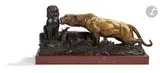 Tigre au chien de Fô by Georges Gardet, Epreuve en bronze à patine brune et or, sold Dec 2023