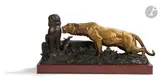 Tigre au chien de Fô by Georges Gardet, Épreuve en bronze à patine brune et or, sold Dec 2023