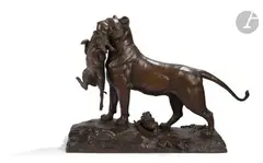 Lionne apportant un sanglier à ses petits by Auguste-Nicolas Cain, Épreuve en bronze patiné, sold Dec 2023