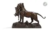Lionne apportant un sanglier à ses petits by Auguste-Nicolas Cain, Épreuve en bronze patiné, sold Dec 2023