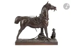 Cheval harnaché et bouledogue by Arthur Le Duc, Épreuve en bronze patiné, sold Dec 2023