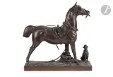 Cheval harnaché et bouledogue by Arthur Le Duc, Épreuve en bronze patiné, sold Dec 2023