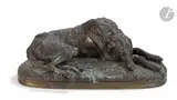 A sleeping deerhound by Paul Gayrard, 1848, Épreuve en bronze patiné, sold Dec 2023