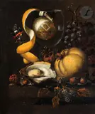 Nature morte à l'huître, au verre römer et aux fruits rouges by Martin Nellius, Panneau de chêne, une planche, non parqueté, sold Nov 2023