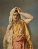 Jeune femme levant un voile by Nicolas-Guy Brenet, Panneau de noyer, une planche, non parqueté, sold Nov 2023