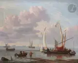 Le retour des pêcheurs sur une mer calme by Johannes de Blaauw, Toile, sold Nov 2023