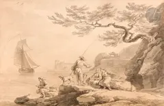 Pêcheurs et deux femmes au bord d’une cote by Joseph Vernet, Lavis gris sur traits de crayon noir, sold Nov 2023