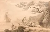 Pêcheurs et deux femmes au bord d’une cote by Joseph Vernet, Lavis gris sur traits de crayon noir, sold Nov 2023