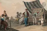 Le Marchand à l’étalage by Xavier Della Gata, Aquarelle, sold Nov 2023