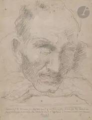 Étude de tête pour Ugolin by Jean-Baptiste Carpeaux, Crayon noir et craie blanche sur papier gris, sold Nov 2023
