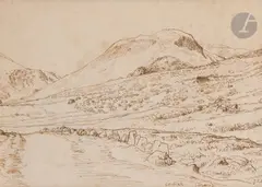 Paysage près de Dyane by Jean-François Millet, vers 1866, Plume et encre brune sur traits de crayon noir, sold Nov 2023