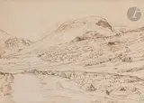 Paysage près de Dyane by Jean-François Millet, vers 1866, Plume et encre brune sur traits de crayon noir, sold Nov 2023