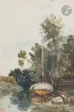 Barques au bord de l’eau by Paul Huet, Aquarelle gouachée, sold Nov 2023