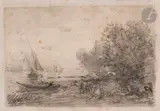 Etude pour Barque et voilier, coucher de soleil - Petit Palais by Félix Ziem, 1886, Plume, encre grise, lavis gris et crayon noir, sold Nov 2023