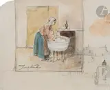 Femme à la lessive - Petit croquis de ville by Johan Jongkind, 1849, Mine de plomb et aquarelle, sold Nov 2023