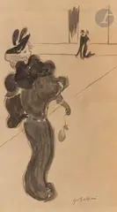 La Parisienne by George Bottini, Lavis gris sur traits de crayon noir, sold Nov 2023