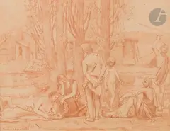 Projet de peinture murale « Ludus pro Patria by Pierre Puvis de Chavanne, 1888, Sanguine, sold Nov 2023