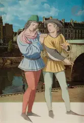 Deux personnages devant le pont Marie by Jacques Prévert, Collage sur carte postale, sold Nov 2023