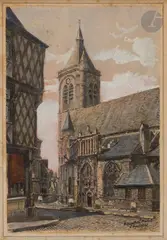 Église Notre-Dame de Bourges by Marcel Bascoulard, 1941, Encre, aquarelle et rehauts de gouache blanche, sold Nov 2023