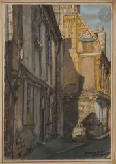 Bourges, au coin d’une rue by Marcel Bascoulard, 1952, Encre et aquarelle, sold Nov 2023