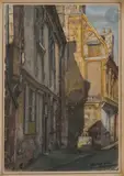 Bourges, au coin d’une rue by Marcel Bascoulard, 1952, Encre et aquarelle, sold Nov 2023