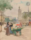 Paris, La Marchande de fleurs face à la Conciergerie by Victor Gilbert, Aquarelle, sold Nov 2023