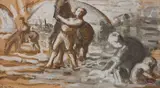 Paris, La baignade des chevaux dans la Seine by Maximilien Luce, Gouache blanche et encre brune, sold Nov 2023