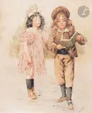 Deux enfants au livre by Vincenzo Irolli, Aquarelle, sold Nov 2023