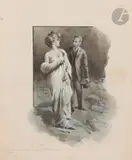 La Penseuse - Céline, 1903, 2 projets d’illustrations by Charles Garabed Atamian, Plume, encre, lavis d’encre et rehauts de gouache blanche, sold Nov 2023