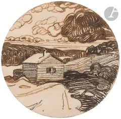 Paysage au cabanon by Maxime Dethomas, Fusain et crayon marron sur papier collé sur carton, sold Nov 2023