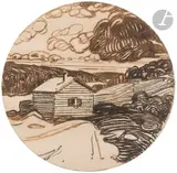 Paysage au cabanon by Maxime Dethomas, Fusain et crayon marron sur papier collé sur carton, sold Nov 2023