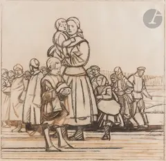 Assemblée de personnages, mère et ses enfants au premier plan by Maxime Dethomas, Fusain et crayon sur papier, sold Nov 2023