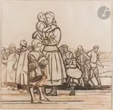 Assemblée de personnages, mère et ses enfants au premier plan by Maxime Dethomas, Fusain et crayon sur papier, sold Nov 2023