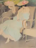 Élégantes au jardin by Joan Cardona i Lladós, Crayon noir, estompe, aquarelle et rehauts de gouache, sold Nov 2023
