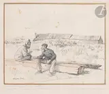 Conversation des marins by Ricardo Florès, Encre et crayons de couleur, sold Nov 2023