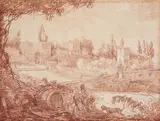 Vue de la Villa Farnèse, prise du Campo Vaccino by Hubert Robert, Sanguine signée en bas à droite, sold Apr 2016