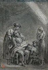 Une famille dans la désolation by Pierre-Paul Prud'hon, Crayon noir et blanc, estompe, sur papier bleu, sold Dec 2015