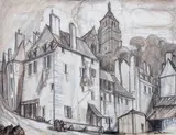 Village animé by André Maire, Fusain, lavis de bistre et gouache blanche, sold Nov 2015