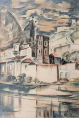L'église au bord du Var, Entrevaux by Henry de Waroquier, Aquarelle sur papier marouflé sur toile, sold Jun 2015