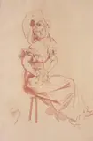 Élégante assise les mains sur les hanches by Jules Chéret, Sanguine sur papier beige, sold May 2015