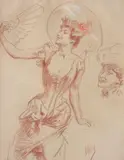 Jeune femme à l'éventail (et étude de visage) by Jules Chéret, Sanguine, craie blanche et rehauts de pastel sur papier chamois, sold May 2015